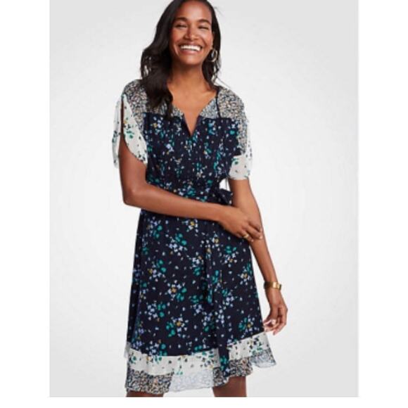 Ann Taylor Blue Mixed Floral Print Flounce Short Sleeve Dress Size 12 - Picture 2 of 13